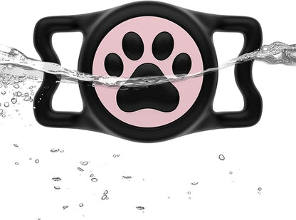 WhoseID IP68 Waterpoof Dog Air tag Holder, Stretchy Silicone Full Body Covered Apple Air Tag Holder for Dog Cat Collar Fit All Width Collar (Black & Pink, 1 Pack)