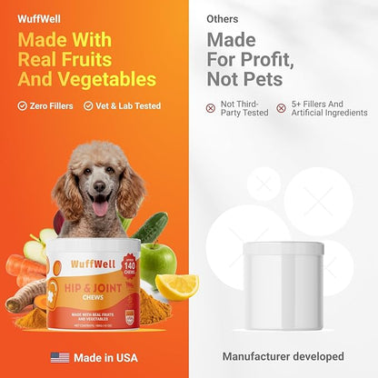 WuffWell Hip and Joint Supplement for Dogs – Natural Ingredients with Chondroitin, MSM, Turmeric, and Glucosamine – Supports Hip Dysplasia, Arthritis, and Mobility – 140 Count, Made in USA