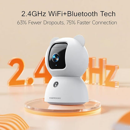 CINMOORE 2.5K Pet/Dog Camera with Speaker/Phone App, No-Monthly-Fee AI Person/Pet/Cry Detection Security Camera Indoor, PTZ 2.4GHz WiFi Baby Monitor Cameras for Home Security, Night Vision, 2-Way Talk