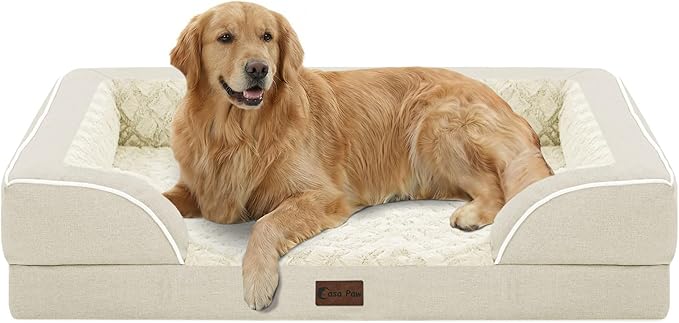 Casa Paw Orthopedic Dog Beds for Extra Large Sized Dogs, Waterproof Memory Foam XL Pet Bed with Sides 42x30Inch, Non-Slip and Egg-Crate Foam Big Dog Couch Bed with Removable Washable Cover, Beige