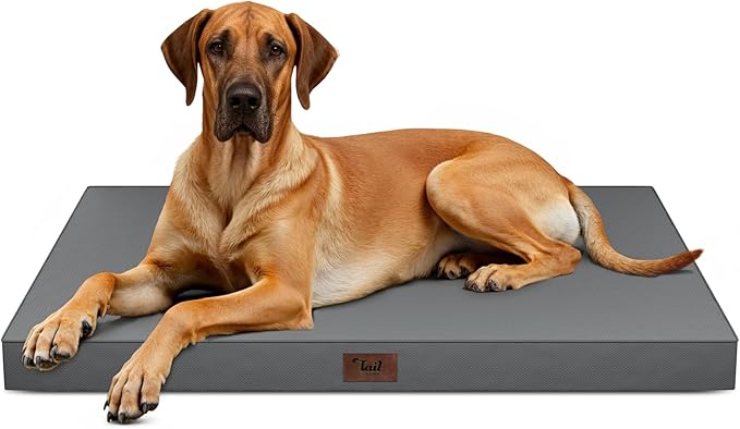 Tail Stories Outdoor Extra Large Dog Bed, Jumbo Waterproof Dog Bed for Large Dogs, Orthopedic Egg Crate Foam Pet Mat with Removable Oxford Cooling Cover, Grey