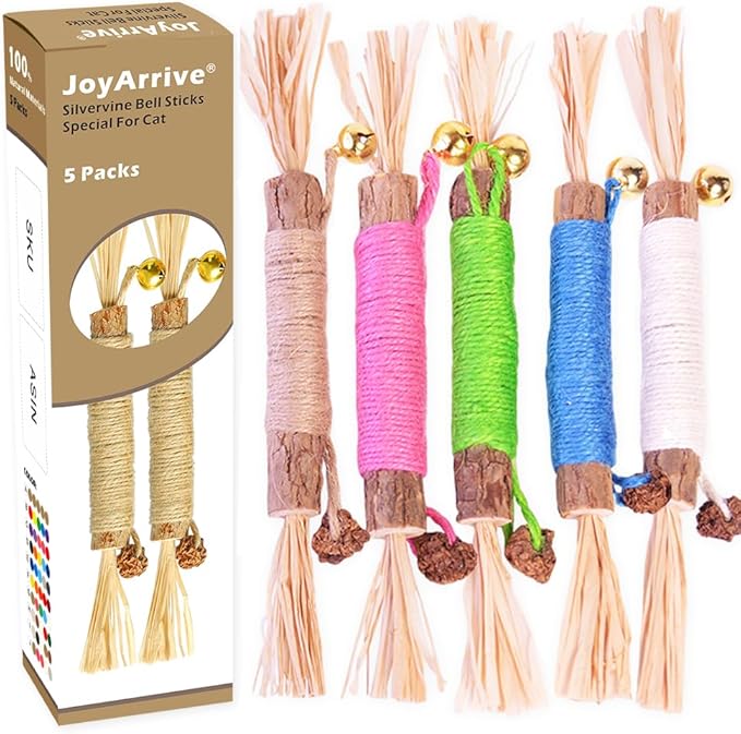 JoyArrive Natural Dried Matatabi Cat Chew Stick with Gall Fruit, Raffia Grass & Bell Ball Toys for Cat, Silvervine Sticks Interactive Catnip Toy for Teething & Entertainment(Size L Color G)