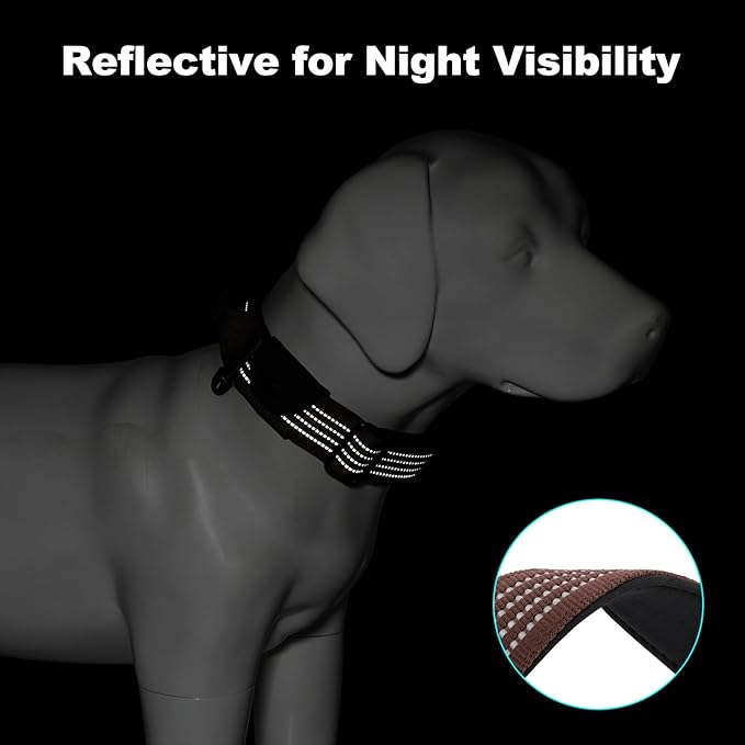 Plutus Pet Tactical Dog Collar with Tracker Pocket for AirTag, Adjustable Reflective Nylon Collar, Metal Buckle, Leather-Wrapped Handle, Soft Padded for Medium Large Dogs (Chocolate, M)