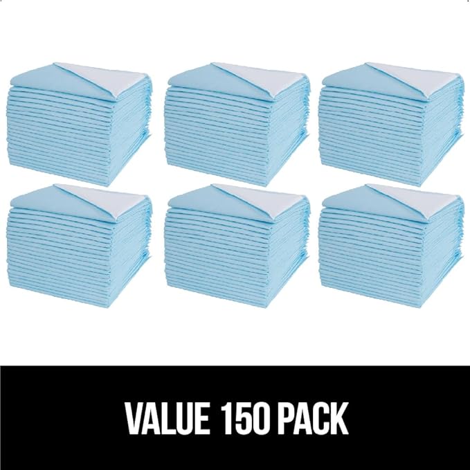 Gorilla Guard Disposable Puppy Pads, 150 Count 22x22 in, 5 Layer Pee Pads for Dogs, Absorbent Diaper Changing Pad, Dog Potty Training Supplies, Quick Dry Pet Housebreaking Essentials for Puppies