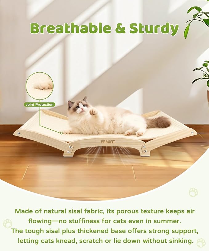 Famifit Large Sisal Cat Scratcher Bed with Solid Wood Base, Durable Scratch & Rest 2-in-1, Extra-Wide 28” Anti-Slip Cat Scratch Pad for Indoor Cats