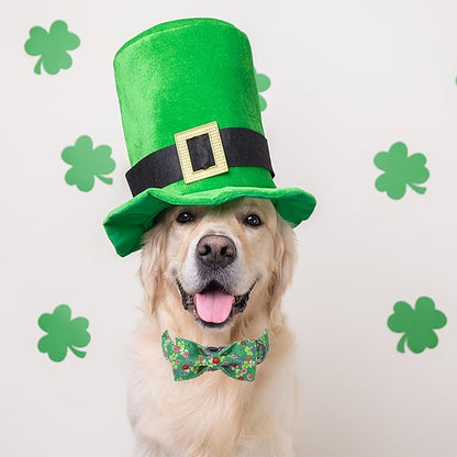 St Patricks Day Dog Collar with Bow Tie, Green Clover Bowtie Dog Collar with Metal Buckle, Adjustable Shamrock Pet Collar for Girls&Boys Dogs, X-Small