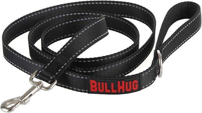 BULLHUG 6 FT Bulldog Leash with Padded Handle. Perfect for Bulldogs, French Bulldogs, Pugs & All Breeds. Leashes for Walking, Training Lead for Bulldogs (Reflective Stitching, Black)