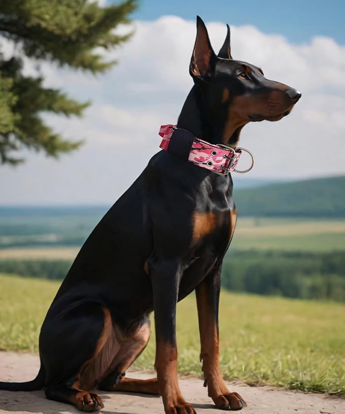 Dog Collar for Large Dogs - 2" Wide Tactical Collars with Handle for Extra Large Breed Dogs, Military Heavy Duty 1/3" Thick Nylon Pet Collar Camo Pink L