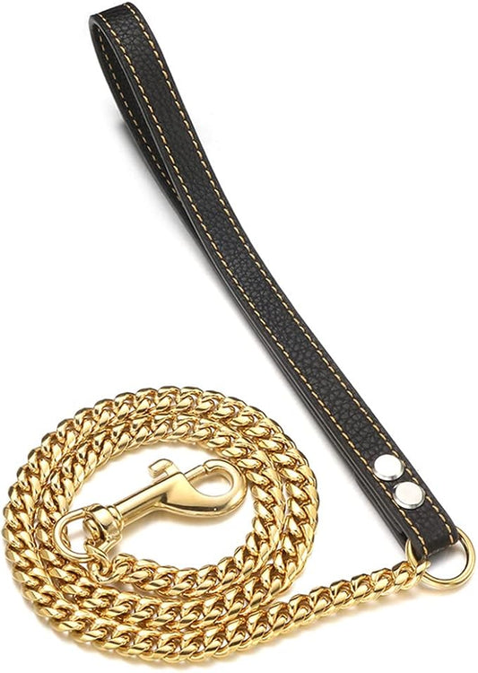 3FT/4FT/5FT Heavy Duty Gold Dog Chain Leash 10MM Stainless Steel Miami Cuban Link Chain with Durable Genuine Leather Handle for Training Walking(10mm,4ft)…