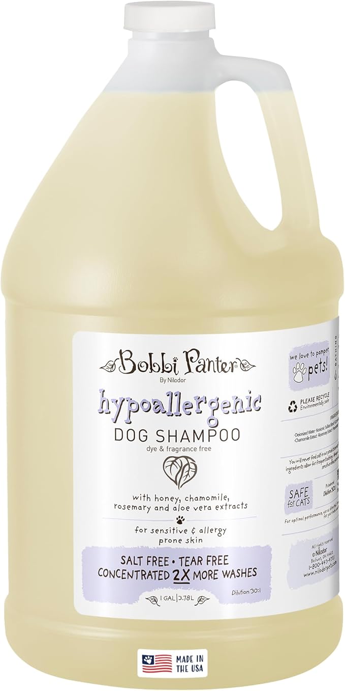 Bobbi Panter Hypoallergenic Dog Shampoo 1 Gal. (Case of 4), Dye & Fragrance-Free, Paraben-Free, pH Balanced, Tear-Free, Aloe Vera & Honey Extract, Made in USA, Concentrated 30:1, Made in The USA