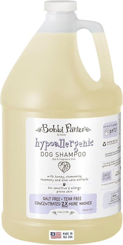 Bobbi Panter Hypoallergenic Dog Shampoo 1 Gal. (Case of 4), Dye & Fragrance-Free, Paraben-Free, pH Balanced, Tear-Free, Aloe Vera & Honey Extract, Made in USA, Concentrated 30:1, Made in The USA