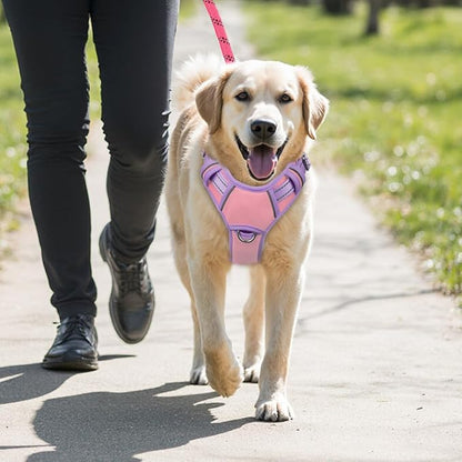 BARKBAY No Pull Dog Harness Large Reflective Dog Harness with Front Clip and Easy Control Handle for Walking Training Running with ID tag Pocket(Baby Pink & Violet Purple,XL)