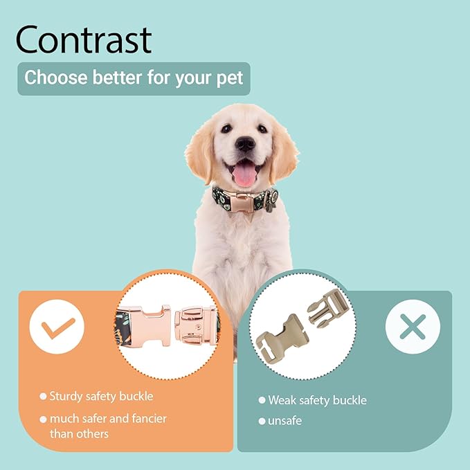 Metal Buckle Dog Collar with Dedals, 3-Size Comfortable Adjustable Cotton Dog Collar for Small, Medium, Large Male Female Dogs (Foliage, L(15-23in))