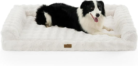 Faux Fur Orthopedic Dog Bed, Extra Large Dog Bed, Supportive Foam Pet Sofa with Waterproof Lining Cover, Washable U-Shaped Pet Couch with Anti-Slip Bottom Design, Beige XXL 48x32x8 inch
