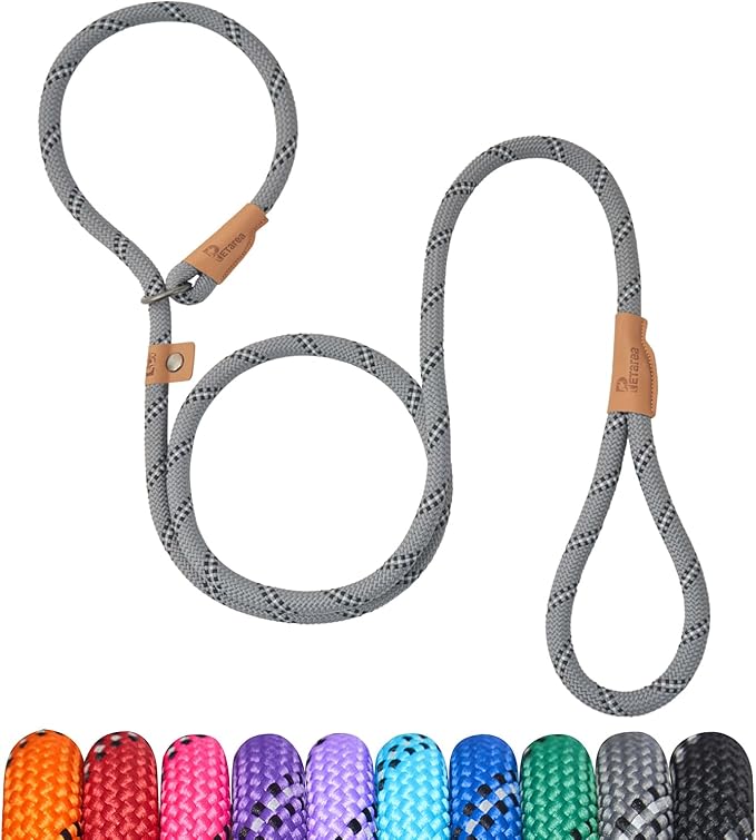 5 FT Slip Lead Dog Leash, Heavy Duty Rope Leash for Small Medium Large Dogs, No Pull Training Lead with Reflective Thread, Strong Comfortable Loop Leash (Grey Stripe, Large(1/2"))