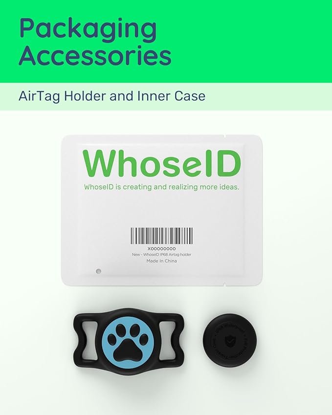 WhoseID IP68 Waterpoof Dog Tag Holder, Stretchy Silicone Full Body Covered tag Holder for Dog Cat Collar Fit All Width Collar (Black & Blue, 1 Pack)