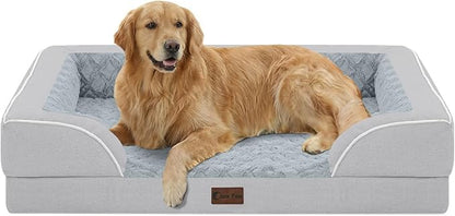 Casa Paw Orthopedic Dog Beds for Extra Large Sized Dogs, Waterproof Memory Foam XL Pet Bed with Sides 42x30Inch, Non-Slip and Egg-Crate Foam Big Dog Couch Bed with Removable Washable Cover, Light Grey