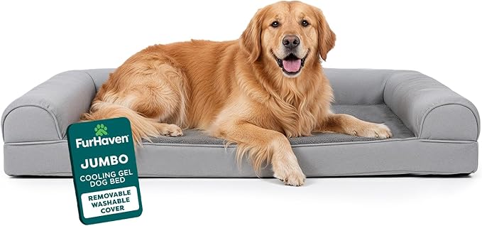 FurHaven Orthopedic Dog Bed for Large Dogs, Sofa-Style with Cool Gel-Top Foam with a Solid Orthopedic Foam Base for Joint Support, Removable Washable Cover, Jumbo XL, Plush & Suede, Gray