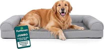 FurHaven Orthopedic Dog Bed for Large Dogs, Sofa-Style with Cool Gel-Top Foam with a Solid Orthopedic Foam Base for Joint Support, Removable Washable Cover, Jumbo XL, Plush & Suede, Gray