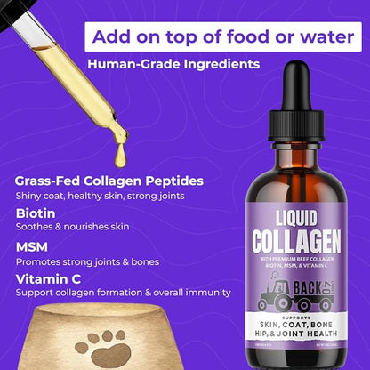 Back 40 Dogs Premium Grass-Fed Liquid Collagen for Dogs Skin and Coat, Hips and Joints | Allergy Relief with Biotin, Vitamin C and MSM for Joint, Nails & Immunity | Made in USA
