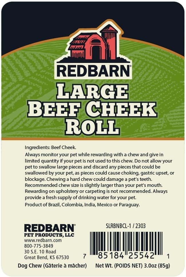 Redbarn Pet Products All-Natural Large Beef Cheek Rolls for Dogs, Uncoated - Single Ingredient Grain-Free Chew Treat Naturally Rich in Collagen - No Artificial Preservatives - Pack of 12