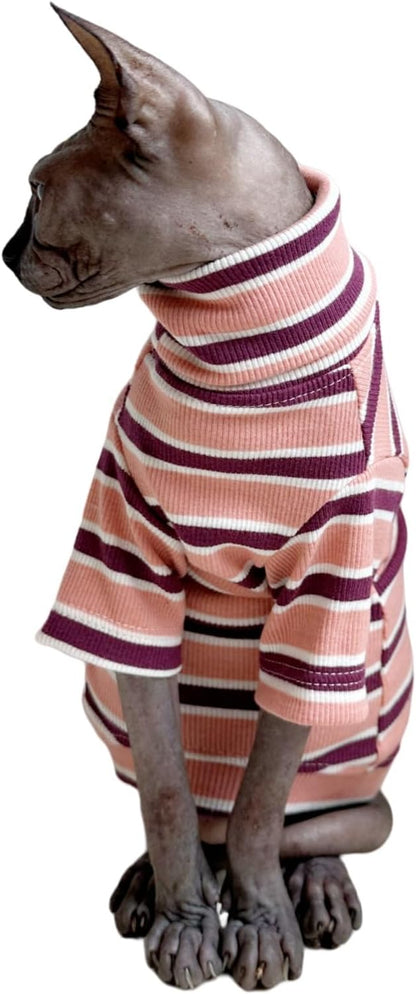 Turtle Neck Vintage Stripes Sphynx Hairless Cat Cotton T-Shirts Pet Clothes Vest Kitten Shirts Sleeveless, Cats & Small Dogs Apparel (Pink, XL (9-12.5 lbs))