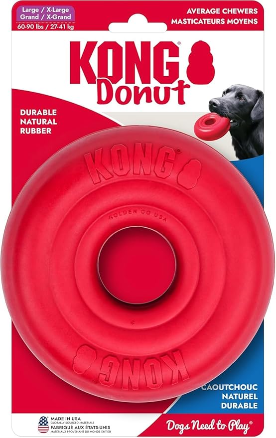 KONG Donut Dog Toy – Durable Natural Rubber Chew & Fetch Toy – Promotes Healthy Teeth & Gums, Fun Bounce & Roll, Gentle on Mouth (Large/X-Large)