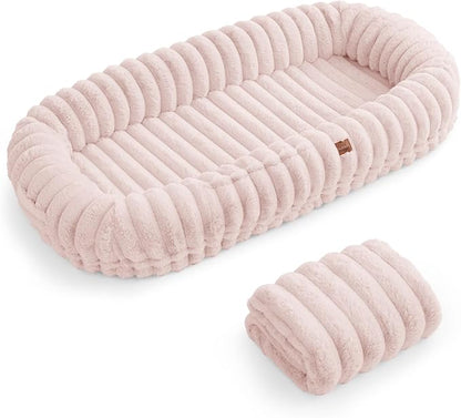 ChiXnuggle Human Dog Bed for Adult - Luxury Striped Faux Fur Giant Dog Bed with Portable Handle, Egg Orthopedic Foam Pad with Thick Warm Blanket, 72"x40"x10", Pink