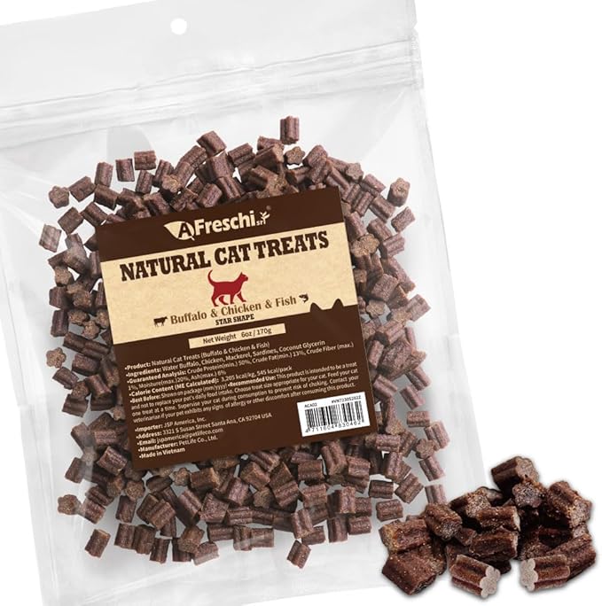 A Freschi srl Healthy Cats Treats, Snacks for Indoor Cats, Omega 3 for Skin and Coat, Training Treats with High Protein, All Natural, Grain Free, Buffalo & Chicken & Fish, Star Shape, 6 oz