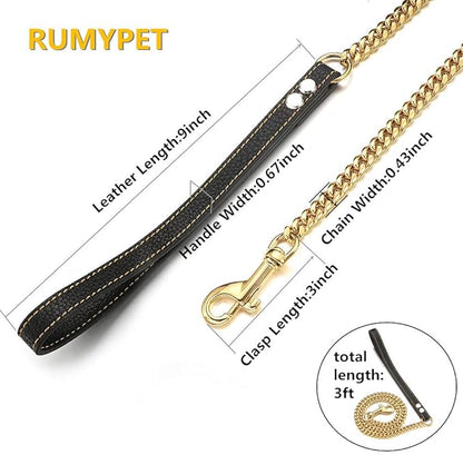 3FT/4FT/5FT Heavy Duty Gold Dog Chain Leash 10MM Stainless Steel Miami Cuban Link Chain with Durable Genuine Leather Handle for Training Walking(10mm,3ft)…