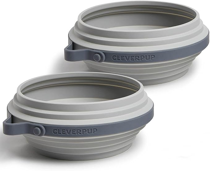 Cleverpup, Large 7-Piece Bistro Box Dog Food Travel Kit, 12-Cup Kibble Storage, 2 Silicone Bowls, Mat & Scoop - Premium Portable Pet Food Kit for Weekends, Overnights, Daycare & Camping, Heather Grey