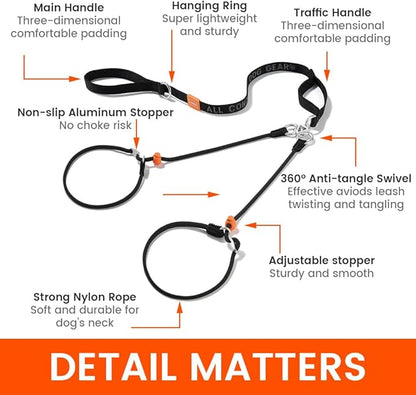 Howgo Double Slip Leash Slip Lead with Two Handles| Dual Dog Slip Lead for 2 Dogs,360° Swivel No Tangle | Dog Training Collar | Double Clip Leash Coupler and Splitter (Black, 6FT)