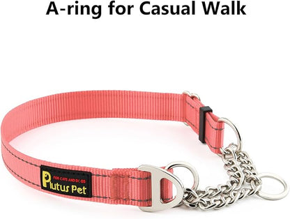 Plutus Pet Martingale Dog Collar with Stainless Steel Chain and Reflective Nylon, Adjustable No Pull Training Collar, for Small Medium, and Large Dogs, Pink, L