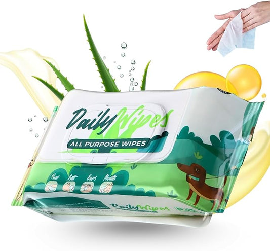 BASIL Pet Grooming Multi-Purpose Wipes for Dogs, Cats & Puppies – 80 Large Wipes (8″ × 8″) | Aloe Vera, Vitamin E & Castor Oil | Paw, Ear, Mouth & Butt Cleaning Wipes | Lemon Scent, Paraben-Free
