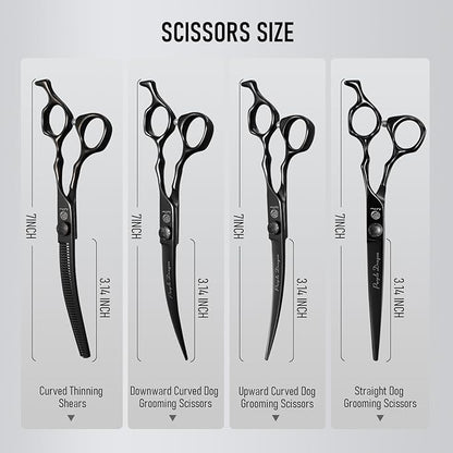 Purple Dragon Dog Grooming Scissors Set - Curved Thinning, Straight, Up & Down Curved Scissors and Comb, 7 Inch Black Shears with Adjustable Screw for Dogs and Cats
