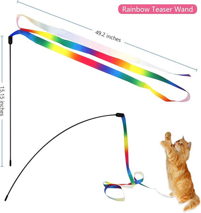 12PCS Interactive Kitten Toys, Retractable Indoor Cat Wand Toys with Replacement Teaser, Rainbow Ribbon and Make Exercise by Sunshinetop