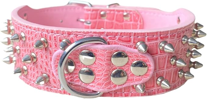 Serijoars Spiked Studded Dog Collar, PU Leather Dog Collar, Adjustable Pet Collars for Medium or Large Breed Pet (M, Pink1)