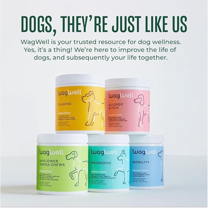 WagWell Ahiflower Omega Chews – Vet-Formulated, All Natural, Made in The USA – Skin, Coat, & Joint Chews for Dogs – Plant-Based Omega 3, 6 & 9 – Dog Fish Oil Alternative, Chicken-Flavored, 60 Chews