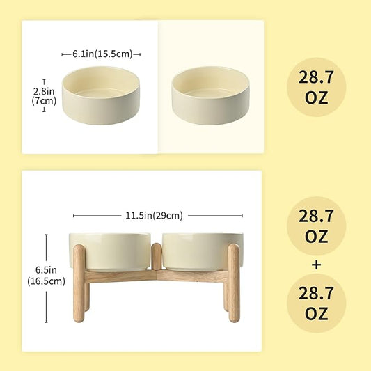 SPUNKYJUNKY Ceramics Raised Dog Bowl with Wooden Stand - Double 28.7OZ Cream White Bowls for Small Medium Dogs
