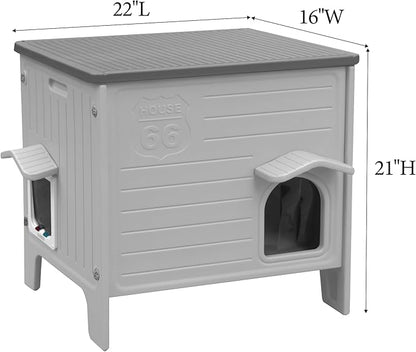 Weatherproof Outdoor Heated Cat House for Feral Cat, Plastic Elevated Cat Shelter with Escape Door, Easy Assemble, Expansive Interior‌ Grey 22.0" L x 21.0" W x 16.0" H