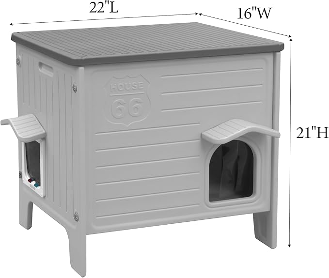 Weatherproof Outdoor Cat House with Insulated Liner for Feral Cat, Plastic Elevated Cat Shelter with Escape Door, Easy Assemble, Expansive Interior‌ Grey 22.0" L x 21.0" W x 16.0" H