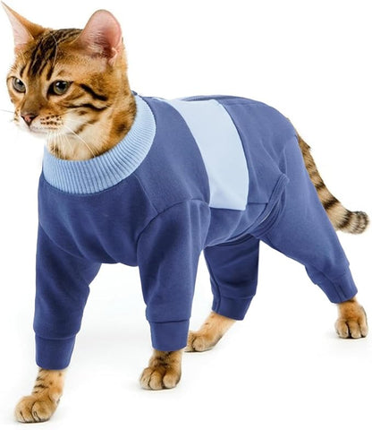 QBLEEV Cat Clothes, Soft Cat Sweaters for Cats Only, Kitten Surgery Recovery Suit Onesie Pajamas, Four Legs Cats Shirts Apparel Clothing for Hair Loss Prevention, Blue, L