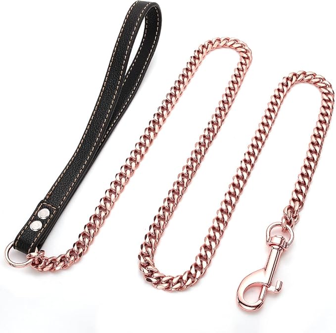 Rose Gold Dog Leash 11mm Cuban Link Chain Dog Leash Durable Stainless Steel Metal with Leather Handle for Small Medium Large Dogs 3FT/4FT/5FT(11mm,5ft)…