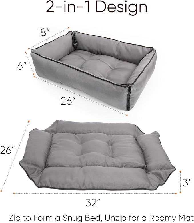 Waterproof Oxford Dog Bed, Foldable Crate Mat for Small Medium Dogs, Orthopedic Pet Cushion with PP Cotton, Chew Resistant, Anti-Slip Base, Indoor Outdoor Washable Portable Bed, Gery