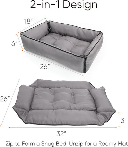 Waterproof Oxford Dog Bed, Foldable Crate Mat for Small Medium Dogs, Orthopedic Pet Cushion with PP Cotton, Chew Resistant, Anti-Slip Base, Indoor Outdoor Washable Portable Bed, Gery