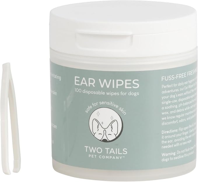 Two Tails Pet Company Ear Wipes – Gentle Dog Ear Cleaner Removes Wax, Dirt & Debris, Helps Prevent Irritation, Travel-Friendly, 100 Disposable Wipes for Sensitive Skin Grooming