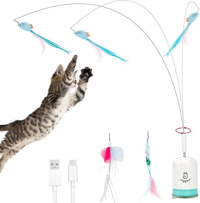 Migipaws Interactive Automatic Cat Teaser Wand Toy with Strong Suction Cup, 70cm Flexible Wire & DIY Bending Design, Rechargeable Cat Exercise Toy with Auto Timer for Indoor Cats (White)