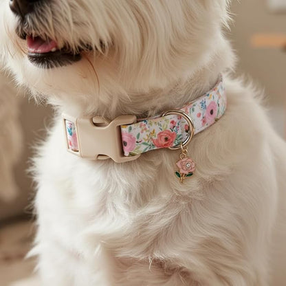 Dog Collar, Floral Girl Dog Collar with Pink Flowers, Cute Spring Summer Pattern for Girls Boys Small Medium Large Dogs, Soft Puppy Collar