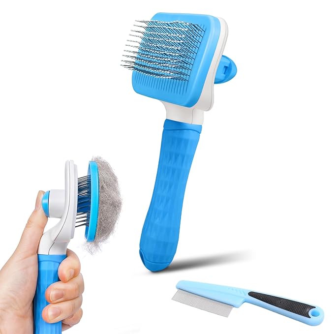 PWOD Dog & Cat Brush Kit 2PCS, Self Cleaning Slicker Brush for Pets, Upgraded Dog Brush for Shedding Massaging and Grooming, Removes Loose Undercoat & Portable Comb for Long Short Haired Dogs(Blue)