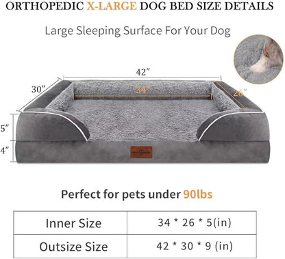 Comfort Expression Orthopedic Dog Bed for Extra Large Dogs 42x30 Inch, Waterproof Supportive Memory Foam XL Pet Bed with Removable Bolster, Dog Couch with Washable Cover & Non-Slip Bottom, Silver Grey